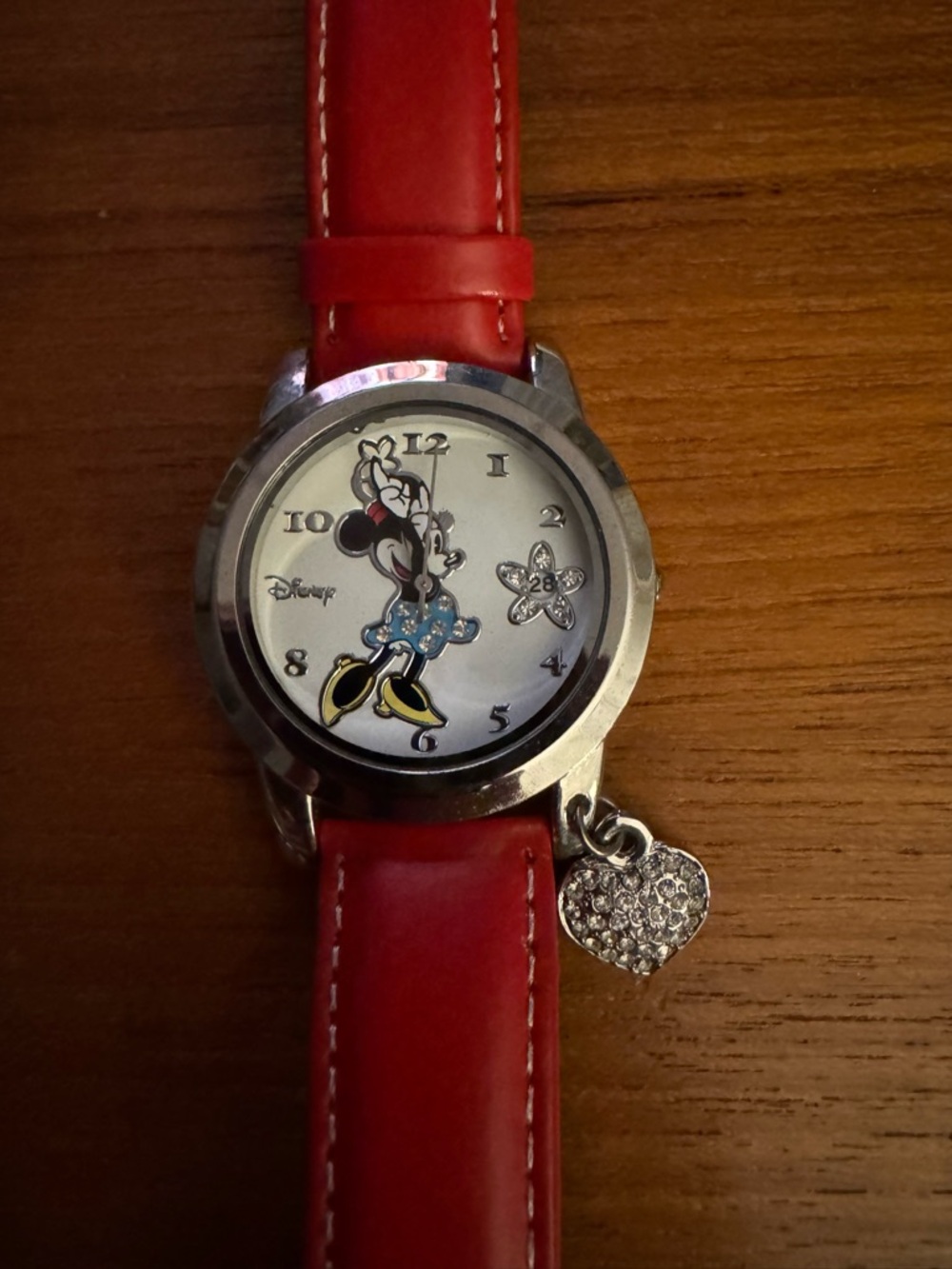 Vintage Disney Minnie Mouse Accutime Watch, Red Leather Band, Pave Heart Charm